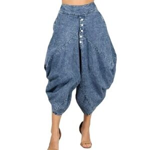 Y2K Oceanus Denim Harem Pants Drop Crotch Wide Baggy Boho Cropped Large